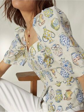 Aritzia Wilfred Fatale Vase / Pitcher Print Sweetheart Neck Puff-Sleeve Top XXS